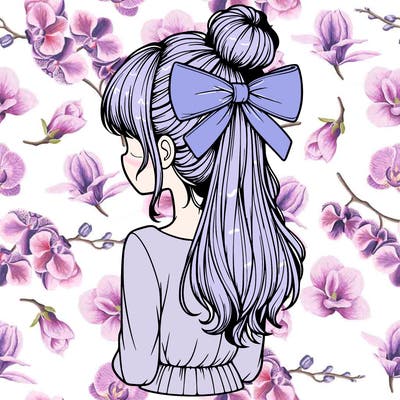 realistic girl  with hip length hair a bun and a big bow on the back of head