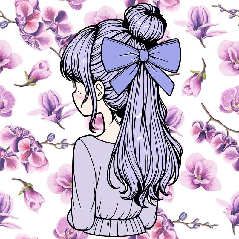 realistic girl  with hip length hair a bun and a big bow on the back of head