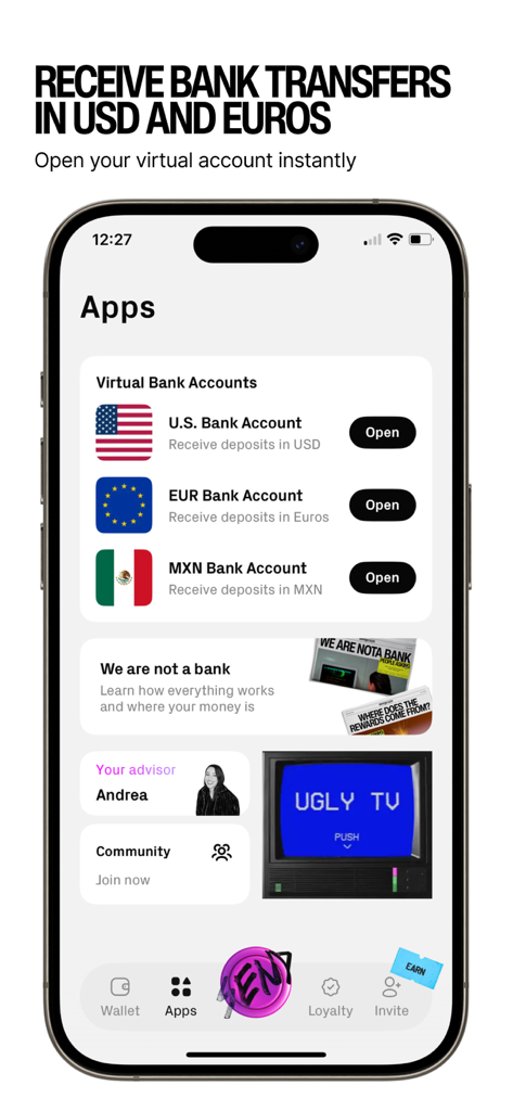 UGLYCASH - UGLYCASH app screen showing options to open virtual bank accounts in USD, EUR, and MXN.