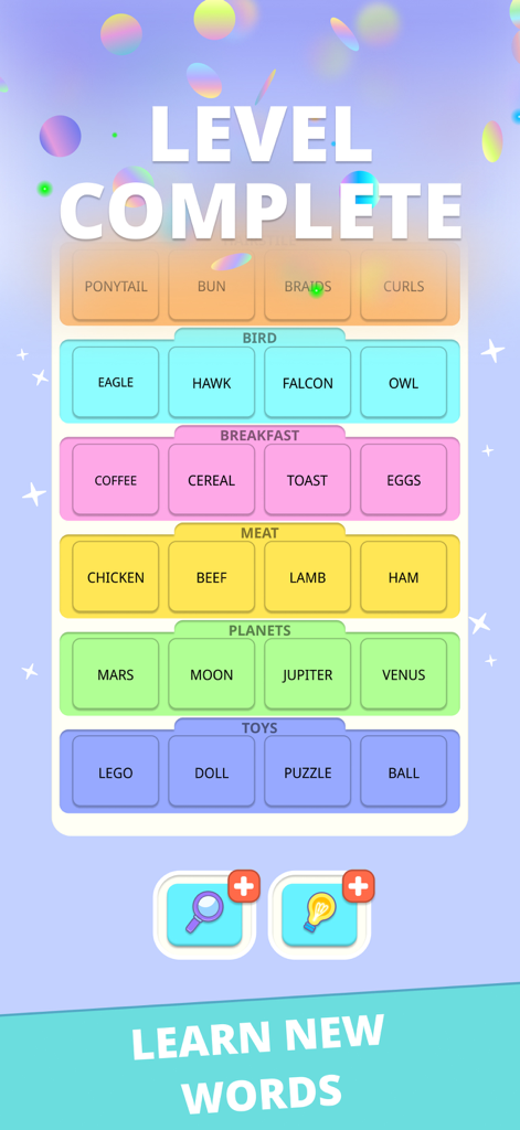 Word Merge: Categories - Un nivel completado en el juego Word Merge que muestra palabras organizadas en categorías como pájaro, desayuno y planetas