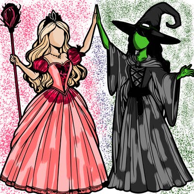 detailed realistic split of a princess and a witch
