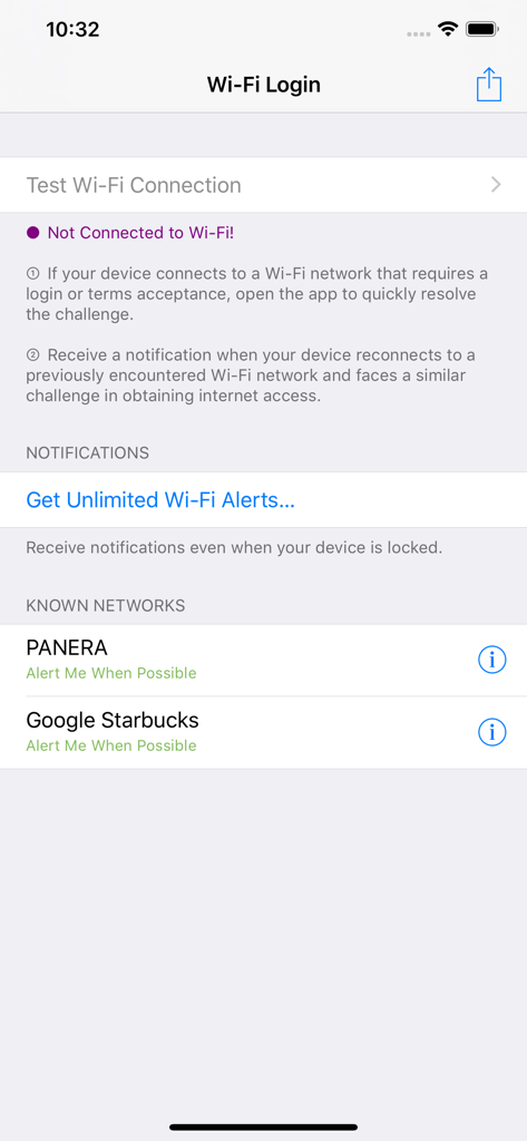 Main screen of the Wi-Fi Login app showing connection status and known public networks like Starbucks and Panera.