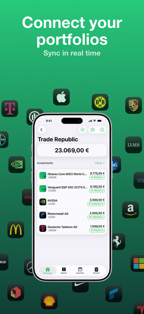 Financial - Manager & Tracker - A smartphone displaying the investment portfolio view of the Financial app with real time sync for stocks and funds.