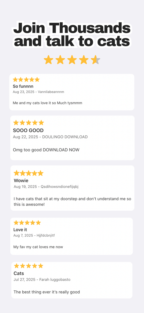Cat Translator – Talk To Cat - Positive user testimonials and five star ratings for the Cat Translator mobile app