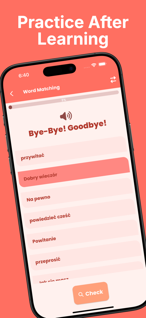 Learn Polish For Beginners - A word matching exercise in the Learn Polish For Beginners app showing common phrases like goodbye.