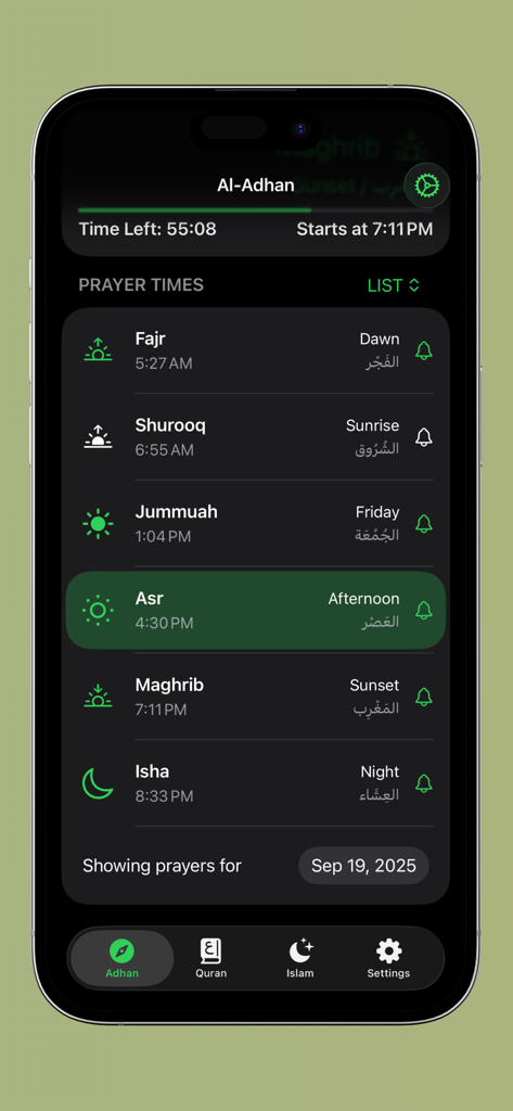 Eine saubere dunkle mobile Benutzeroberfläche, die tägliche islamische Gebetszeiten und Countdown in der Al-Islam-App anzeigt