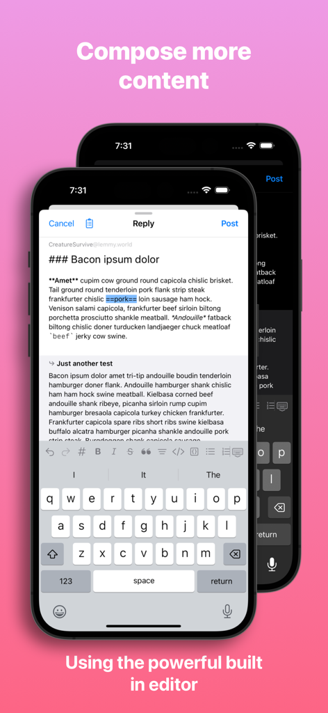 Arctic For Lemmy - Interfaz de la aplicación Arctic For Lemmy mostrando el editor de markdown enriquecido incorporado en un iPhone.