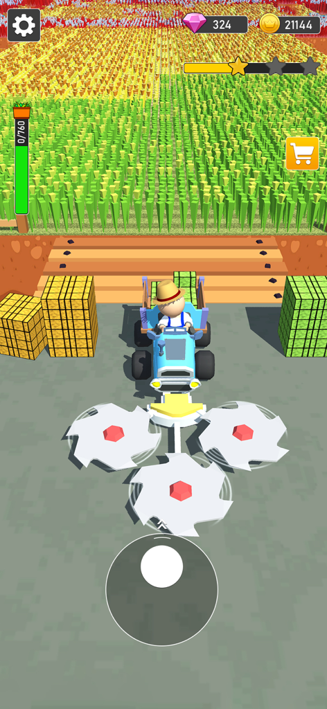 A blue tractor with spinning blades harvesting colorful crops in a farm simulation game