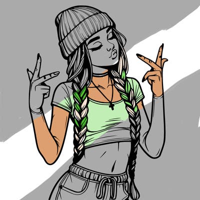 realistic teenage girl with braids and a beanie and crop top doing 🫶🏼