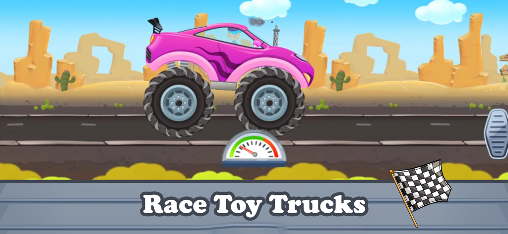 Car Wash Games: Little Carwash - Um caminhão monstro de brinquedo rosa correndo em uma pista desértica.