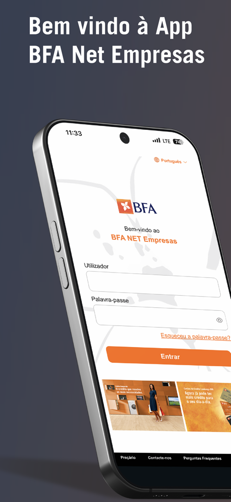 Schermata di accesso dell'app di mobile banking aziendale BFA Net Empresas su smartphone