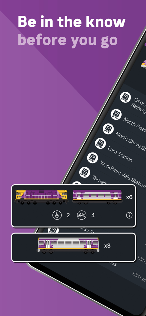 V/Line - V-Line mobile app interface showing train carriage information including accessibility and bike storage details