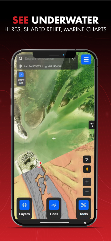 Salt Strong Smart Spots - High resolution shaded relief marine charts on the Salt Strong Smart Spots fishing app interface.