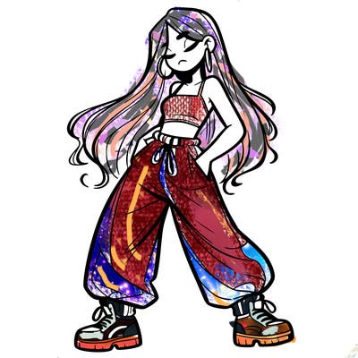 girl in baggy pants crop top and long hair