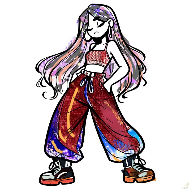 girl in baggy pants crop top and long hair