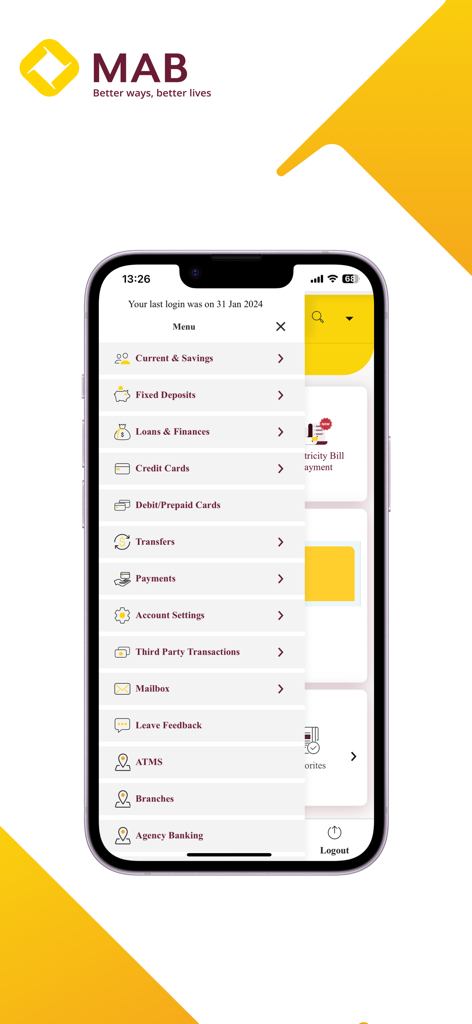 MAB iBanking - The main menu of the MAB iBanking app displaying various banking services like transfers and payments