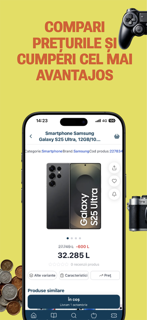 CROCO.md - Interfaz de la aplicación móvil que muestra un smartphone Samsung Galaxy con detalles de precios y una función de comparación.