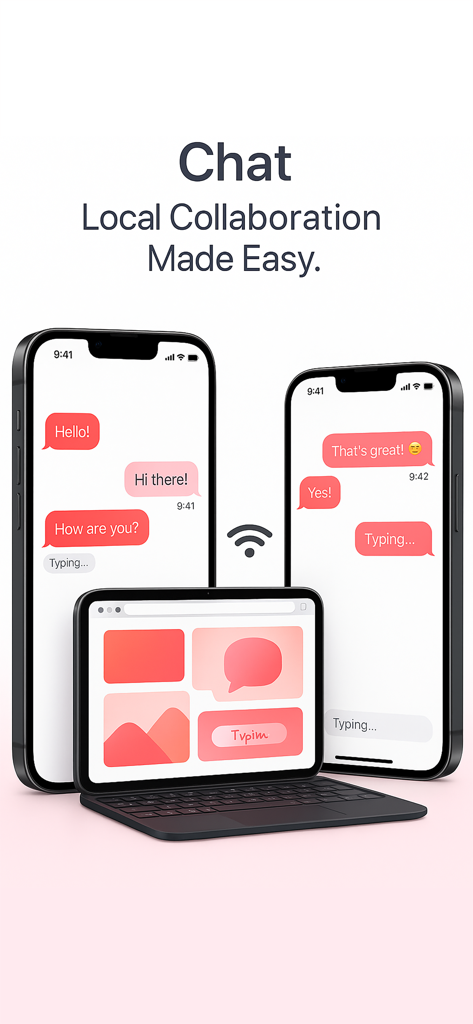 AirPlay Cast - Interface de l'application AirPlay Cast montrant la fonction de chat local pour la collaboration entre deux iPhones et un ordinateur portable