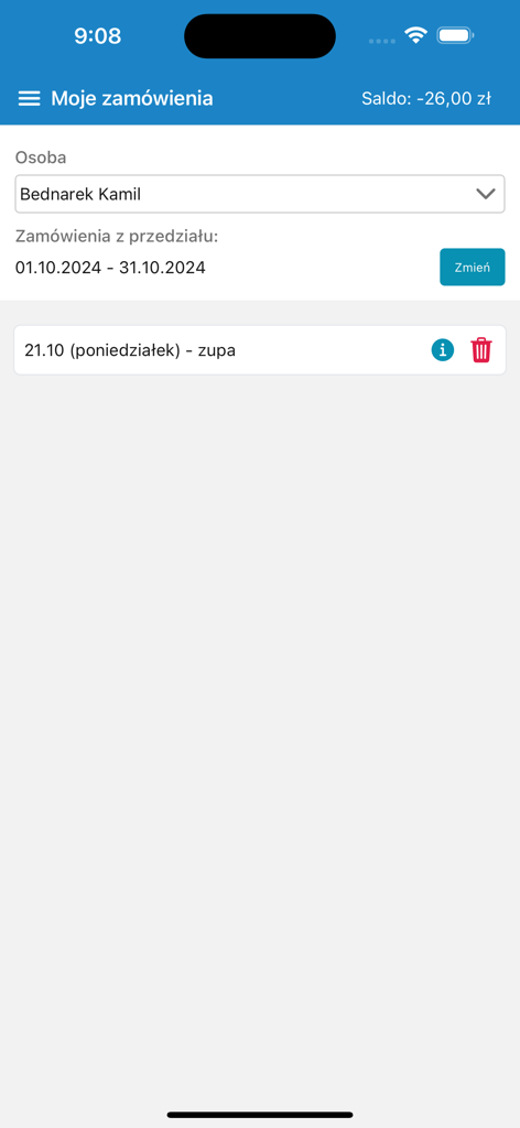 zamowposilek.pl - Una interfaz móvil de la aplicación zamowposilek que muestra una lista de pedidos de comidas escolares y el saldo de la cuenta actual.