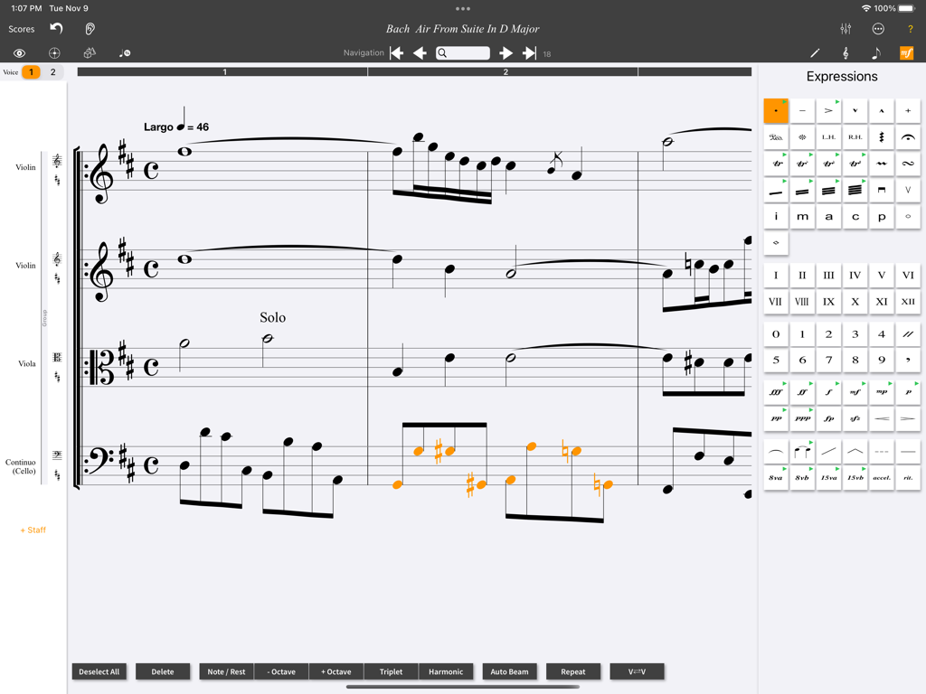MusicJOT - MusicJOT App-Oberfläche auf dem iPad zeigt eine klassische Partitur mit einem Panel für Artikulationszeichen