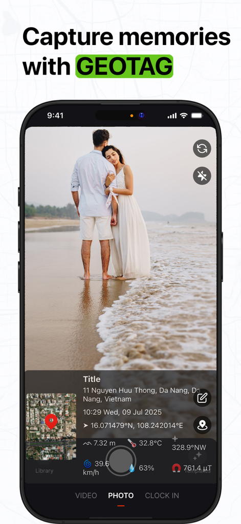 Timestamp: Time stamp Camera - A photo of a couple on a beach with a GPS geotag overlay showing coordinates and timestamp