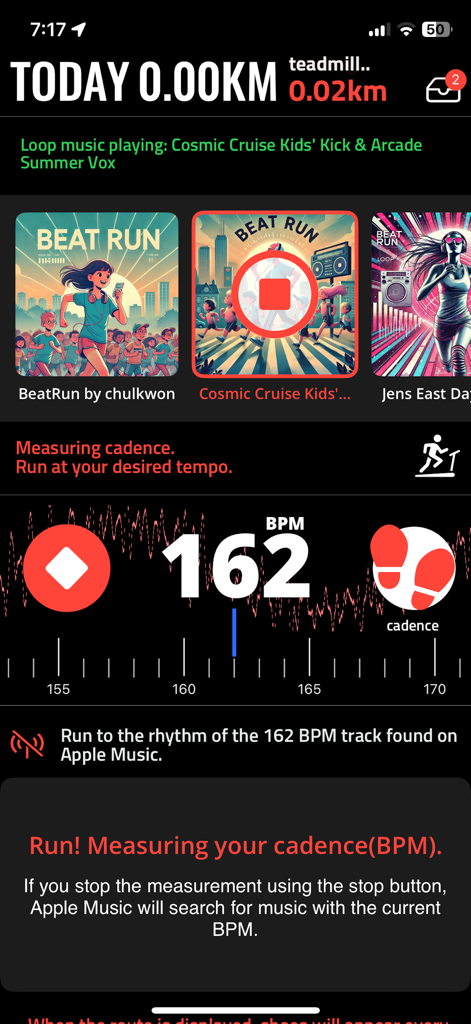 BeatRun Pro app interface displaying a 162 BPM cadence measurement and Apple Music integration for runners.