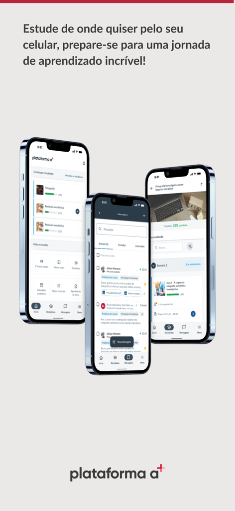 Three iPhones displaying the Plataforma A educational app interface with screens for dashboard, messaging, and course content.