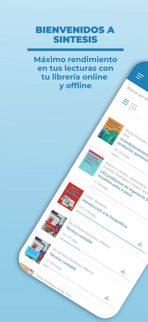 Editorial Síntesis - Interfaz de la aplicación Editorial Síntesis mostrando una biblioteca digital de libros de texto académicos en español