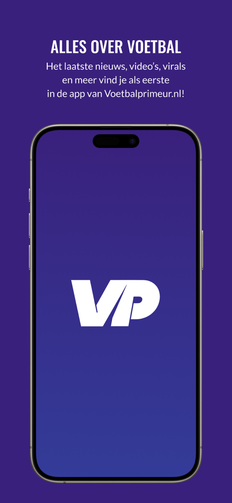 Voetbalprimeur - Voetbalprimeur app welcome screen with white VP logo on a purple background