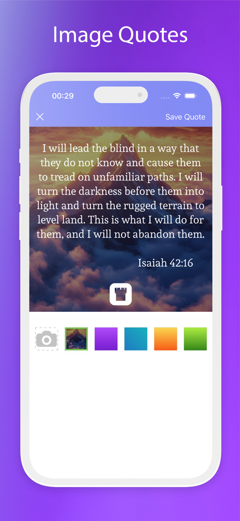 Library Online 2026 - Mobile interface of the Image Quotes feature showing a Bible verse from Isaiah with a mountain background and customization options
