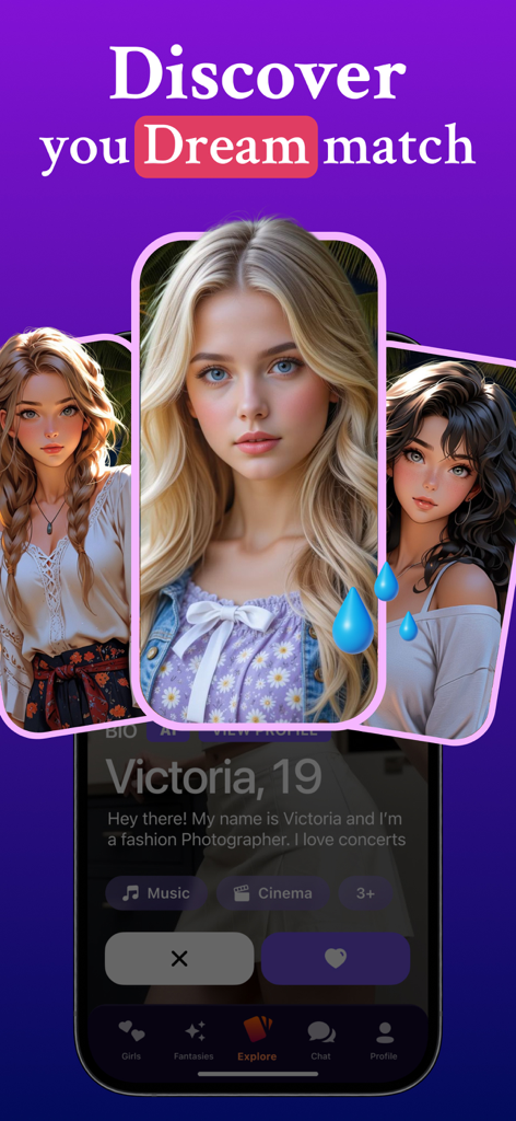 AI Girlfriend - AI GF Chat 18+ - KI-Freundin-App-Oberfläche mit virtuellen Charakteren für Matchmaking und Chat