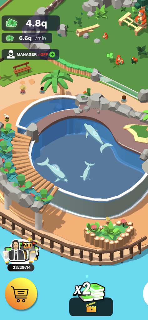 Idle Zoo Tycoon 3D - Juego de Idle Zoo Tycoon 3D que muestra una piscina de delfines y las ganancias del zoológico