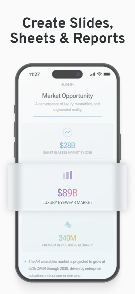 Una interfaz móvil de Ninja AI que muestra una diapositiva automatizada de oportunidad de mercado con estadísticas financieras y datos de la industria.