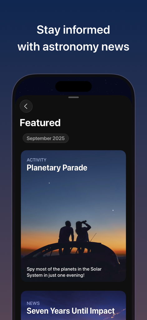 Sky Guide app interface showing a featured astronomy news section with a planetary parade event