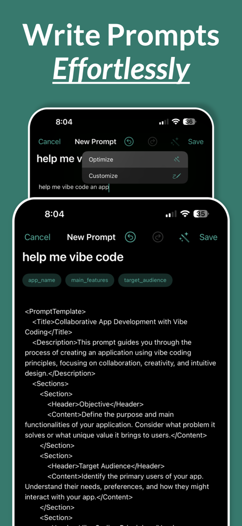 AI Prompt Manager - Reuse AI - Interfaz que muestra cómo escribir prompts sin esfuerzo utilizando la optimización de IA y plantillas estructuradas.
