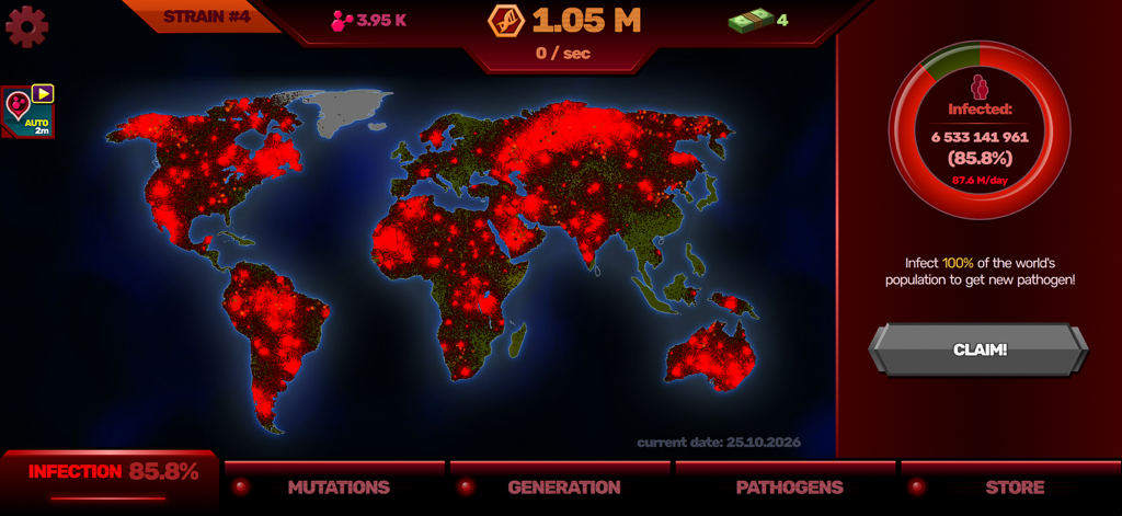 Patient Zero: Virus game - Mapa global que muestra la propagación del virus y las estadísticas de infección en el juego Patient Zero