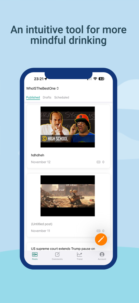 Interface of the Blogspot app displaying a list of published and draft blog posts on a smartphone