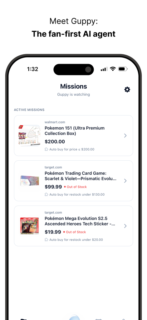 Guppy: Collector Copilot - Guppy app dashboard showing active missions for tracking and auto-buying Pokemon card collections from retailers like Walmart and Target.