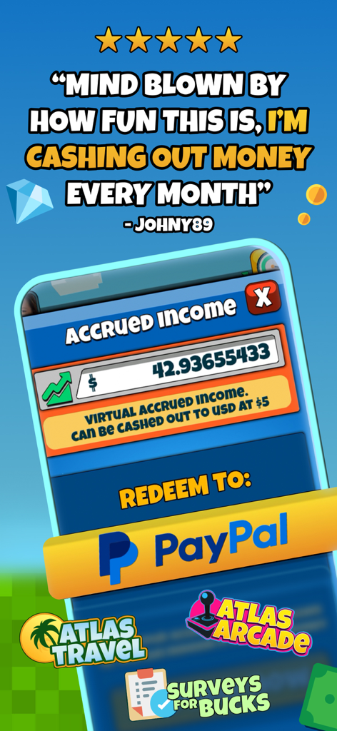 Atlas Earth mobile app screen displaying accrued virtual income and a PayPal redemption button