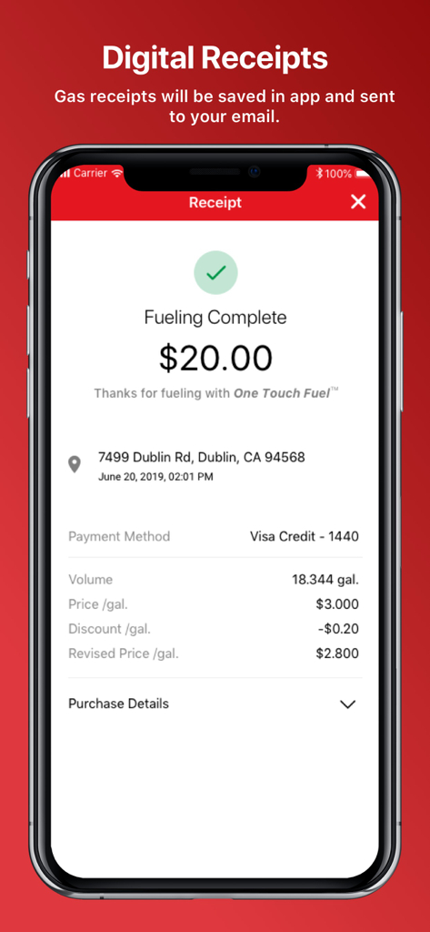 Safeway One Touch Fuel‪™‬ - Digital receipt screen showing transaction total and fuel rewards discount
