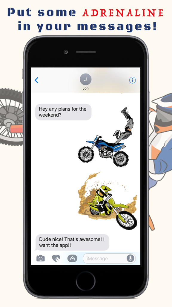BraaapMoji Motorcycle MX Emojis & Stickers - Pantalla de iPhone con pegatinas de motocross y motos de cross en un chat de iMessage