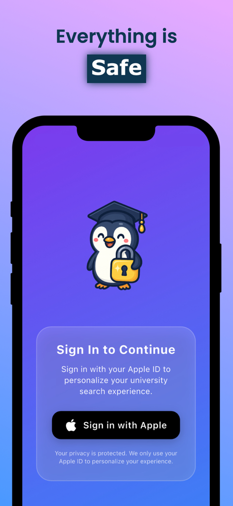 Penguni - Find College - Penguni app sign in screen featuring a secure Apple ID login button and a graduate penguin mascot holding a lock.