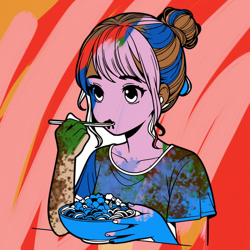 a realistic girl, eating food