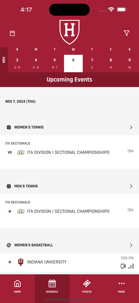 Spielplan der Harvard Crimson Athletics App für bevorstehende Sportveranstaltungen