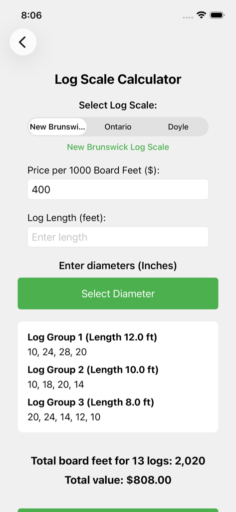 Interface of the Log Calculator app displaying board feet and value totals for grouped log diameters.