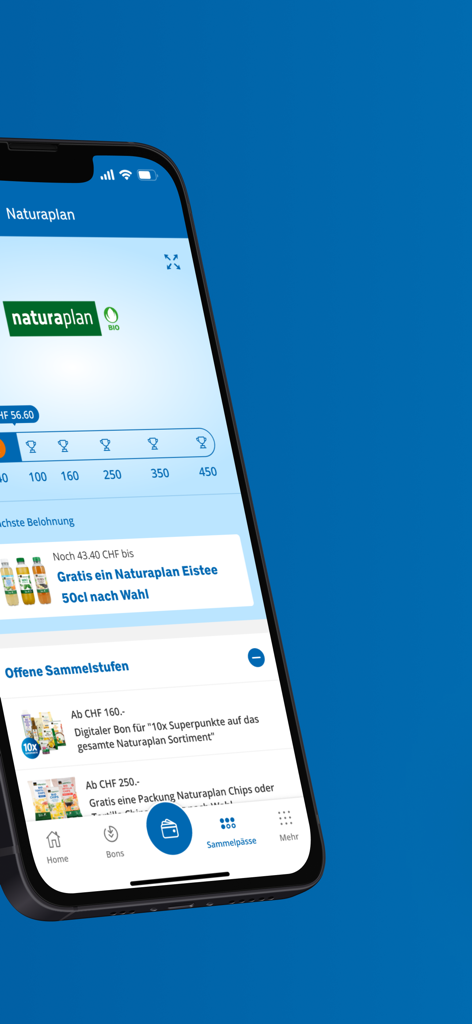 Ecrã do smartphone mostrando o programa de fidelidade da aplicação Supercard com progresso de recompensa Naturaplan