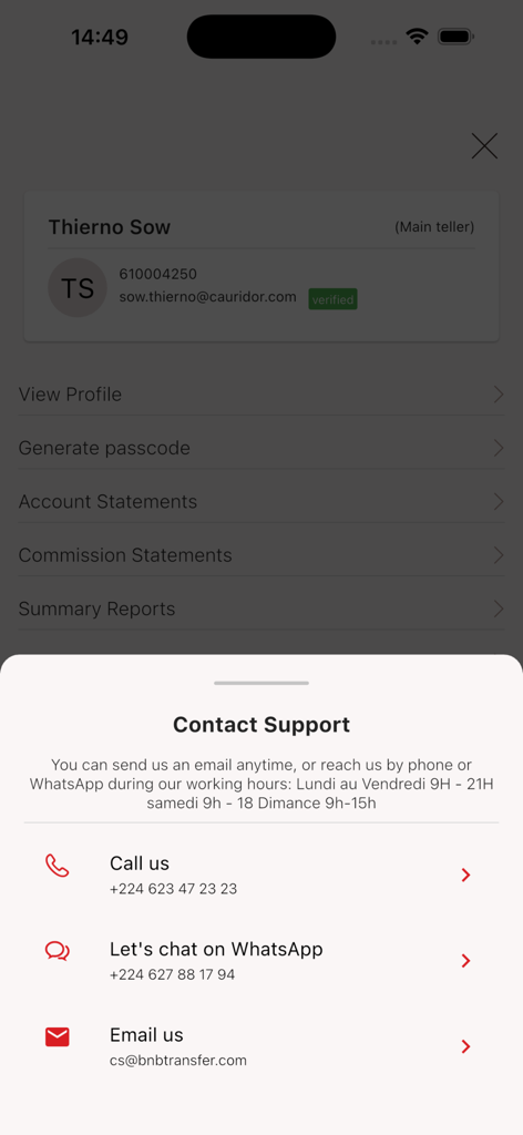 BnB POS - Opciones de contacto de soporte de la aplicación BnB POS, incluyendo llamada telefónica, chat de WhatsApp y correo electrónico