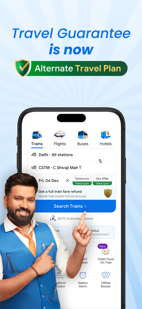 ixigo Trains: Ticket Booking - ixigo Trains app interface showing Alternate Travel Plan feature and train booking options