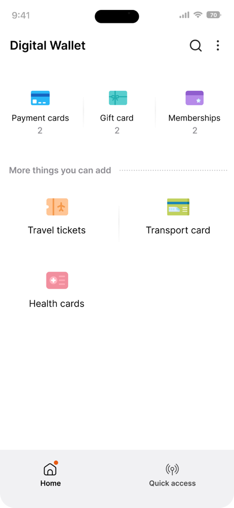 Credit Card : Wallet & NFC - Pantalla de inicio de la aplicación Billetera Digital mostrando categorías de tarjetas para pagos, regalos y membresías