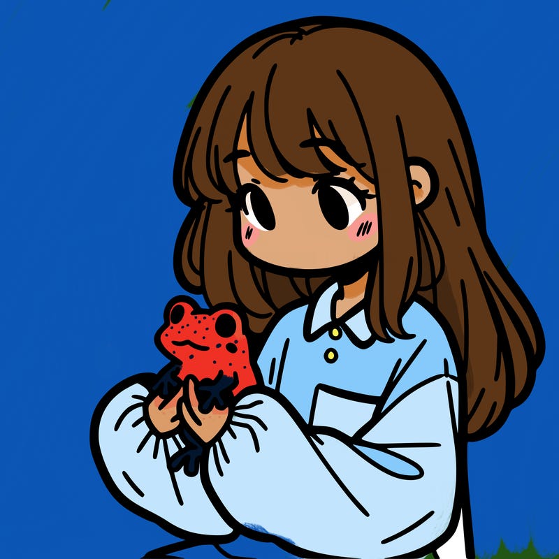 girl with long hair and a oversized shirt. and she is holding a frog